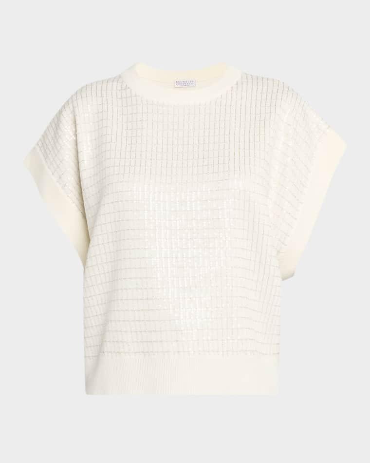 Windowpane Paillette Wool-Cashmere Short-Sleeve Sweater by BRUNELLO CUCINELLI