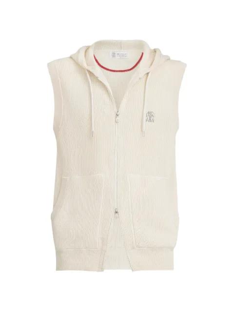 cotton English rib knit hoodied vest with logo and zipper by BRUNELLO CUCINELLI