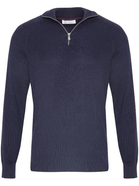 cotton English rib sweater with half zip and raglan sleeves by BRUNELLO CUCINELLI