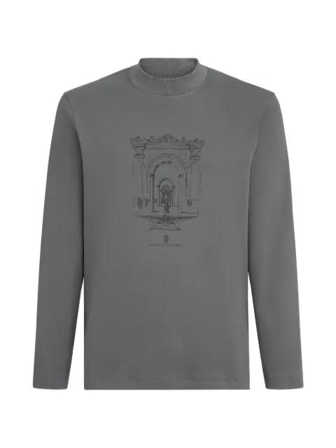 cotton interlock long-sleeve T-shirt with mock-neck and print by BRUNELLO CUCINELLI