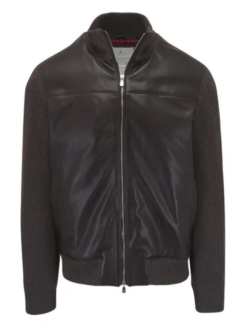 leather-paneled ribbed-knit jacket by BRUNELLO CUCINELLI