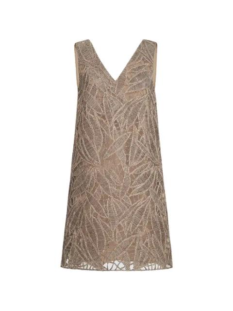 linen and cotton dazzling cacao leaves embroidery mini dress by BRUNELLO CUCINELLI