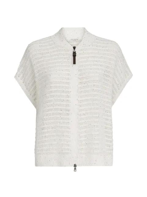 linen diamond yarn cardigan with openwork stripes and shiny zipper pull by BRUNELLO CUCINELLI