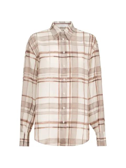 silk pongée shirt in macrocheck print by BRUNELLO CUCINELLI