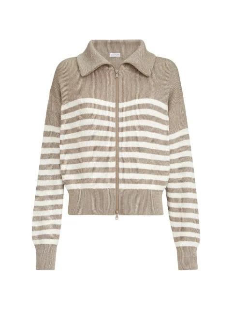 sparkling cotton striped English rib cardigan with zipper and monili by BRUNELLO CUCINELLI