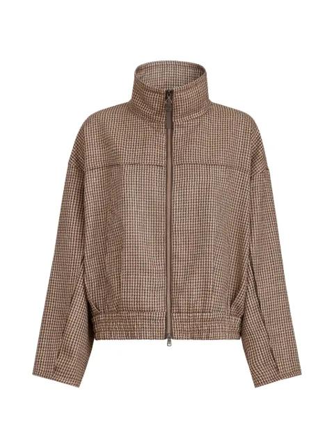 sparkling virgin-wool houndstooth outerwear jacket with leather piping and shiny zipper pull by BRUNELLO CUCINELLI