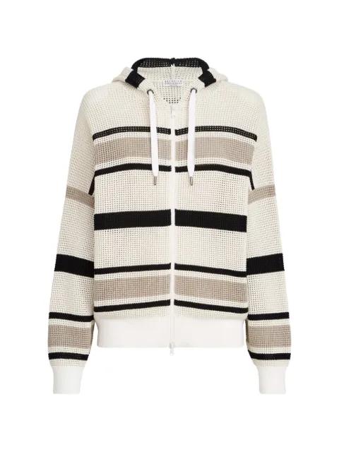striped cotton net hoodied cardigan with zipper by BRUNELLO CUCINELLI