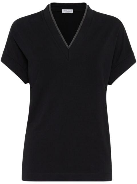 v-neck top with metallic detail at neckline by BRUNELLO CUCINELLI