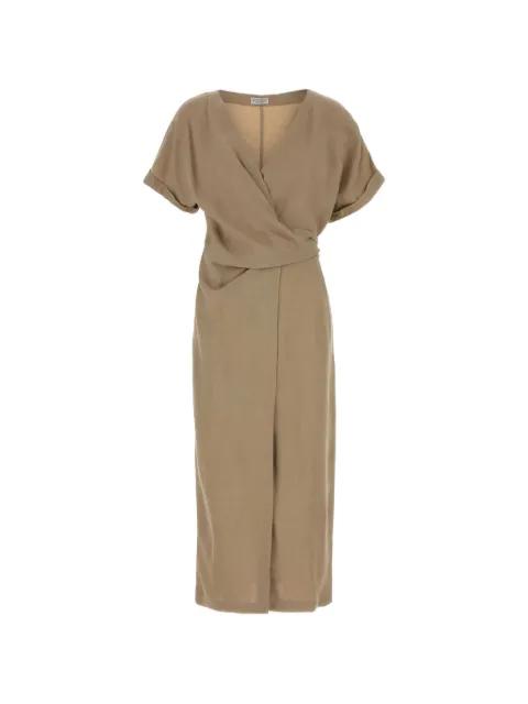 viscose and linen fluid twill wrap-effect dress with monili by BRUNELLO CUCINELLI