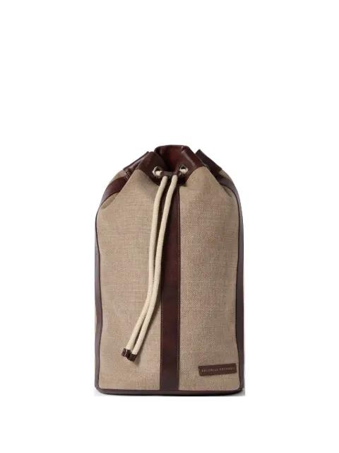 water-resistant canvas and burnished calfskin drawstring backpack by BRUNELLO CUCINELLI