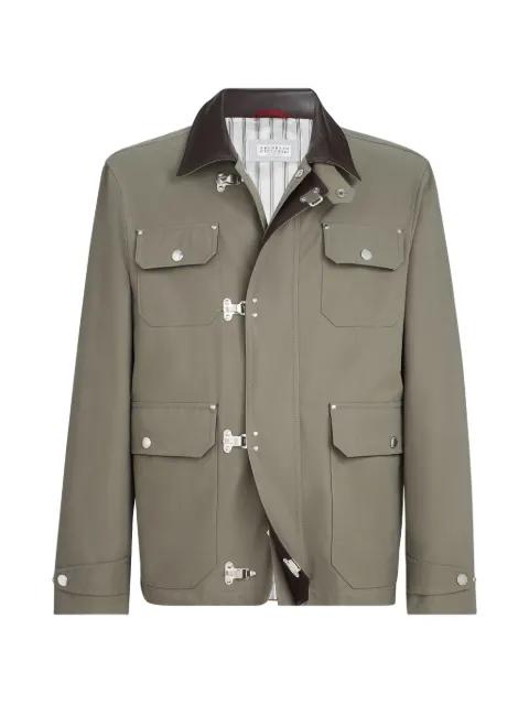 water-resistant techno cotton gabardine outerwear jacket with leather inserts and hook fastening by BRUNELLO CUCINELLI