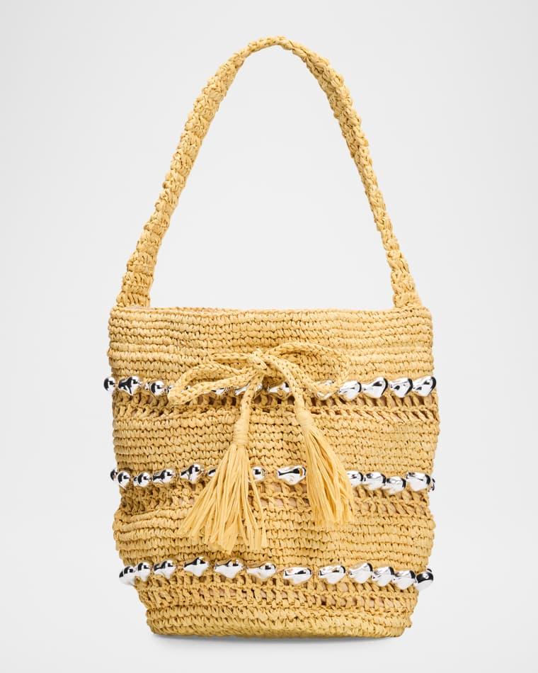 Atlas Metallic-Embellished Raffia Bucket Bag by BTB LOS ANGELES