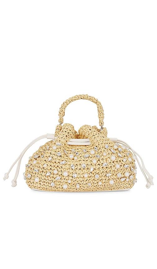 BTB Los Angeles Nia Mini Crystal Bucket Bag in Beige by BTB LOS ANGELES