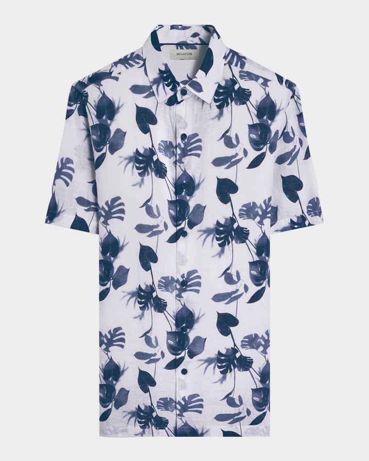 Men's Orson Leaf-Print Linen Short-Sleeve Shirt by BUGATCHI