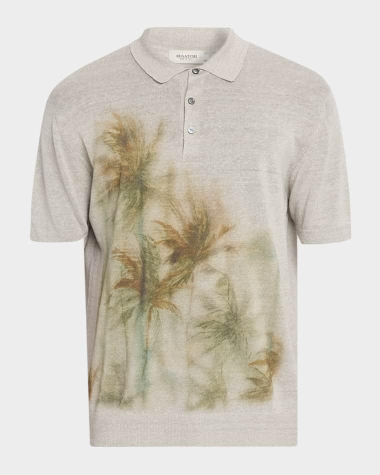 Men's Palm Linen and Cotton Short-Sleeve Polo Sweater by BUGATCHI