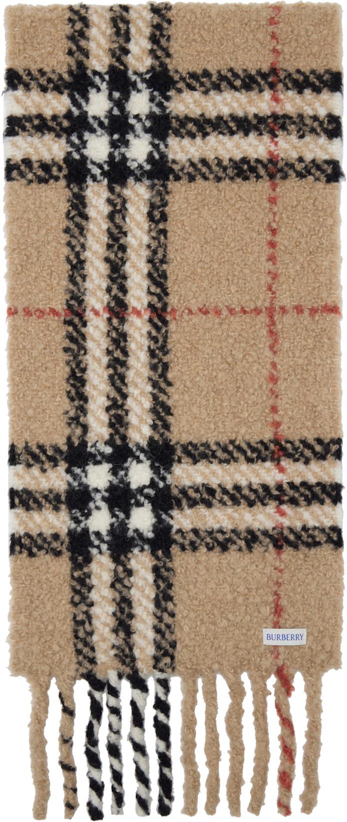 Beige Check Alpaca Wool Blend Bouclé Scarf by BURBERRY