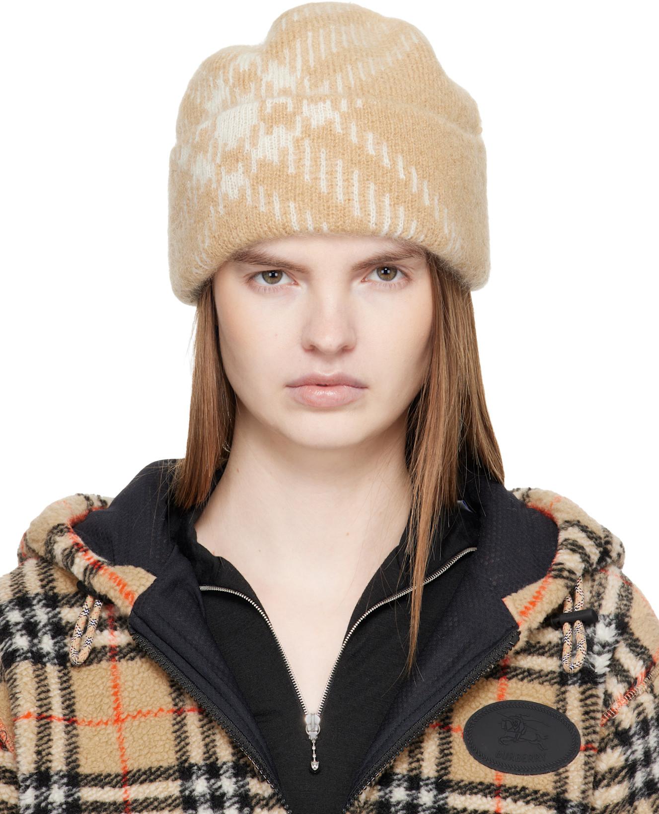Beige Check Mohair Wool Blend Beanie by BURBERRY