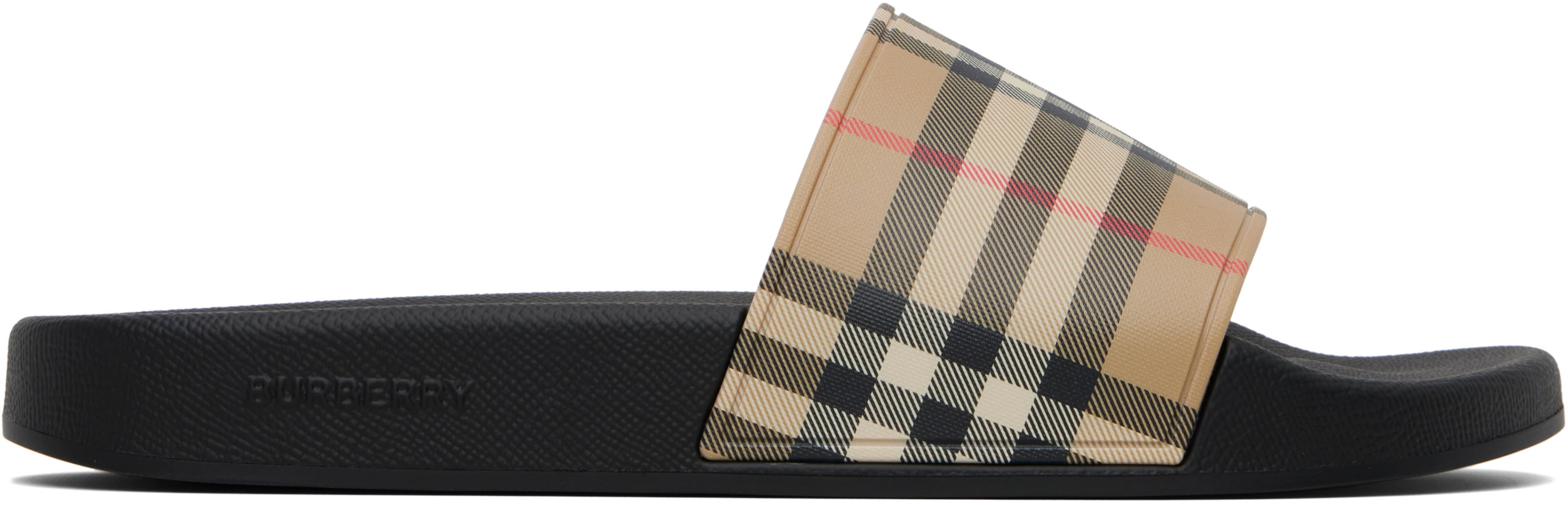Beige Check Pool Slides by BURBERRY