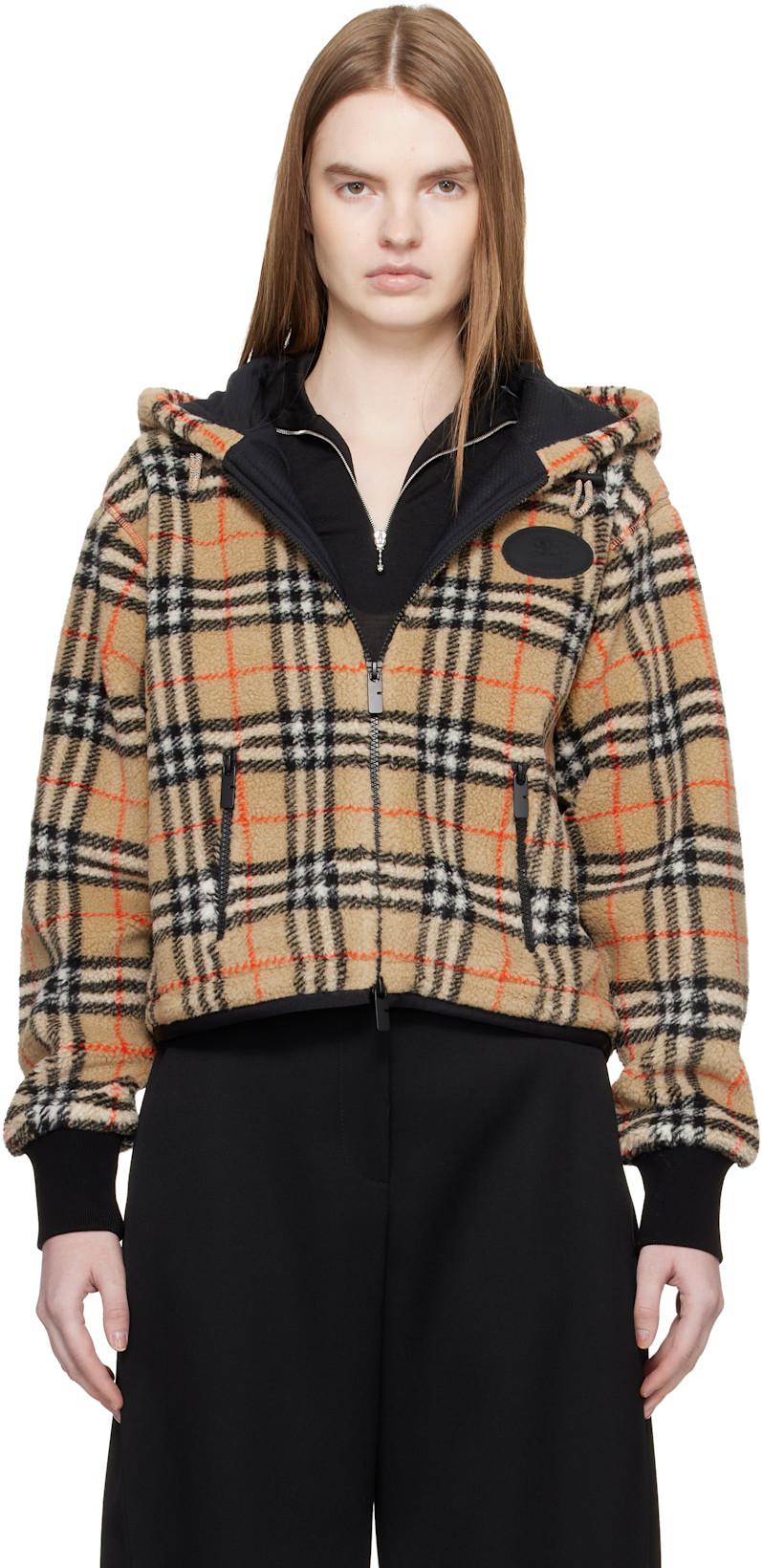 Beige Cropped Check Fleece Hooded Jacket by BURBERRY