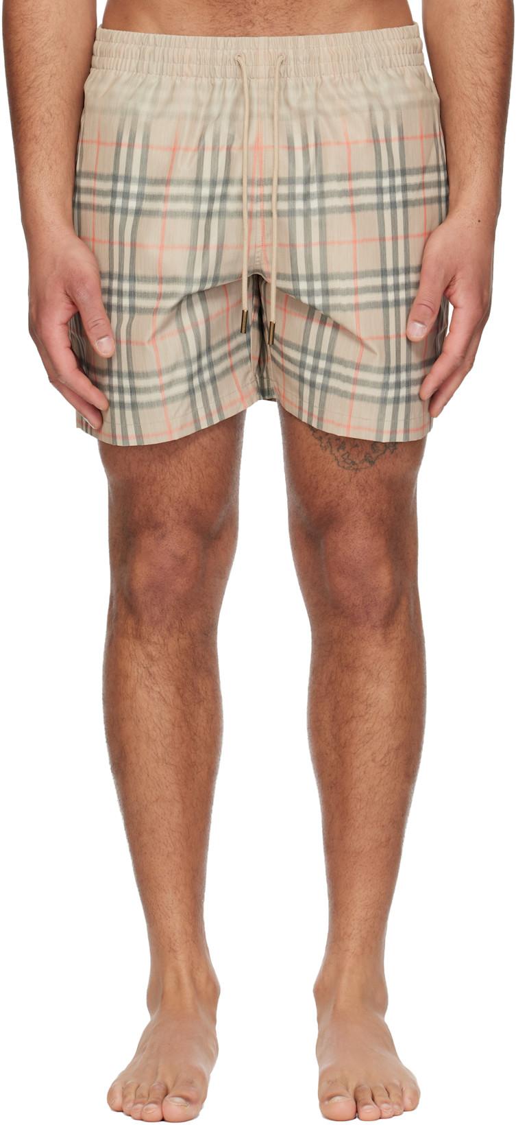 Beige Gradient Check Swim Shorts by BURBERRY