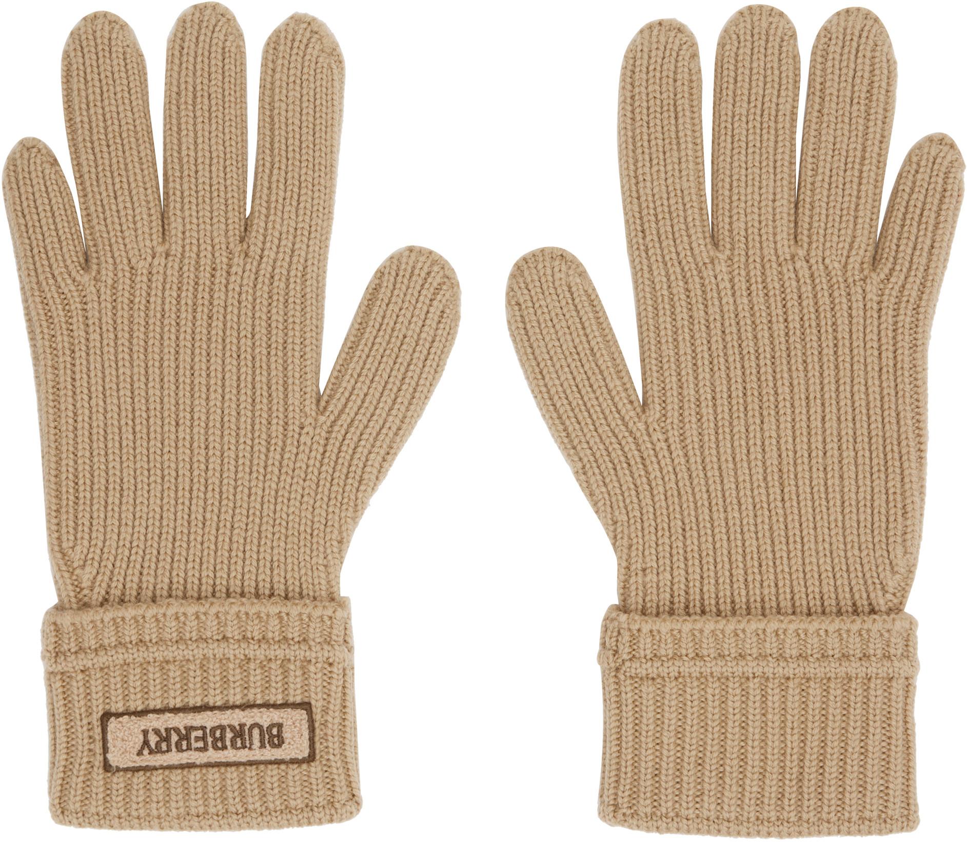 Beige Logo Patch Wool Gloves by BURBERRY