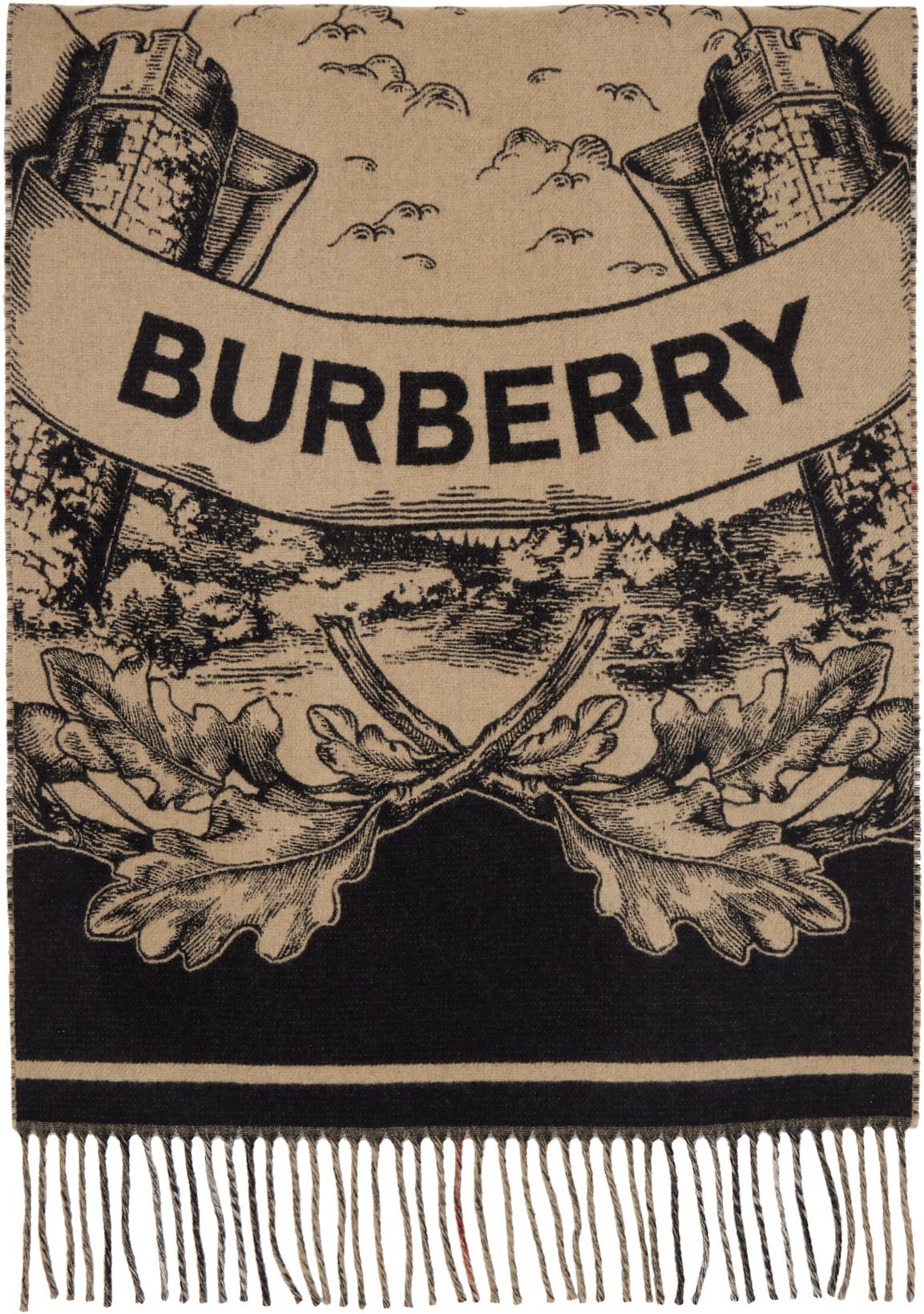 Beige Wide Reversible EKD Cashmere Scarf by BURBERRY