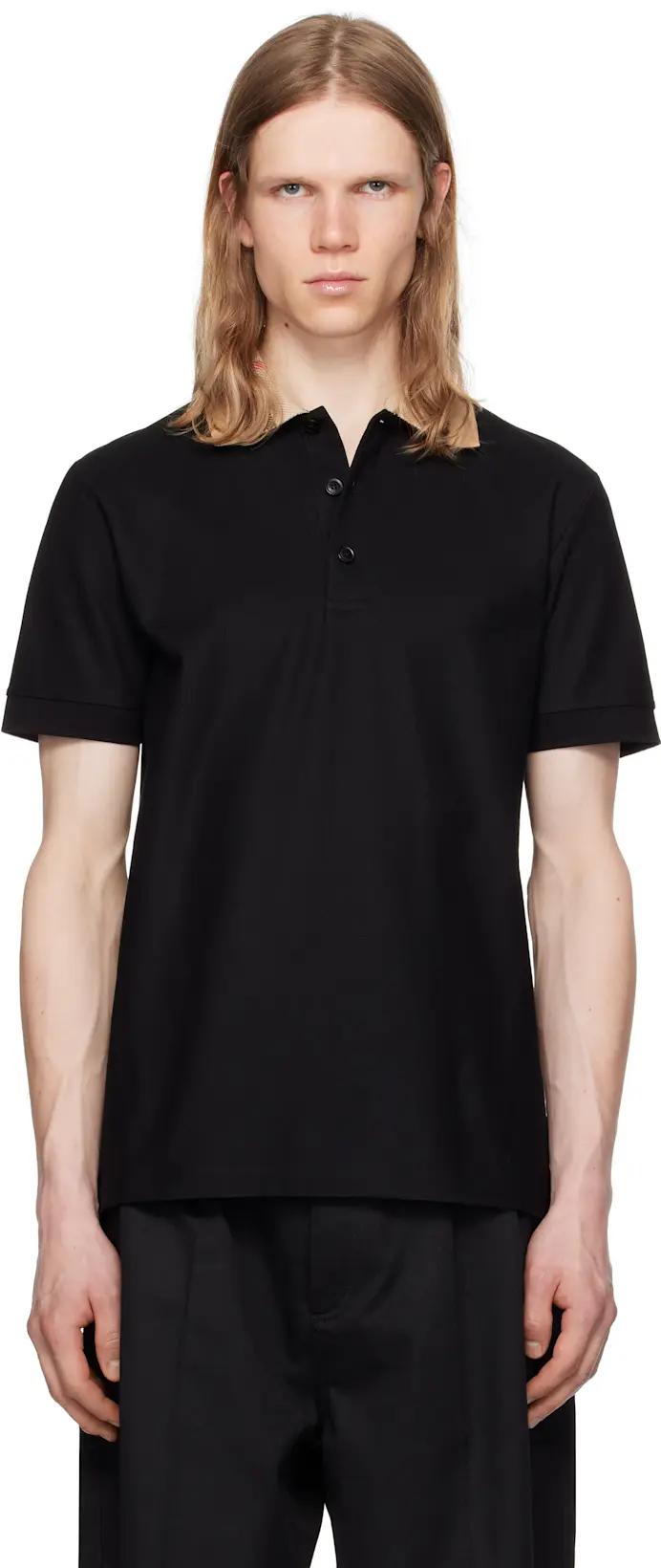 Black Check Collar Cotton Polo by BURBERRY