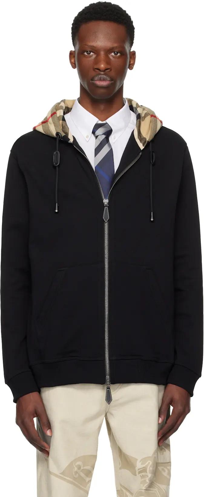 Black Check Hood Cotton Zip Hoodie by BURBERRY