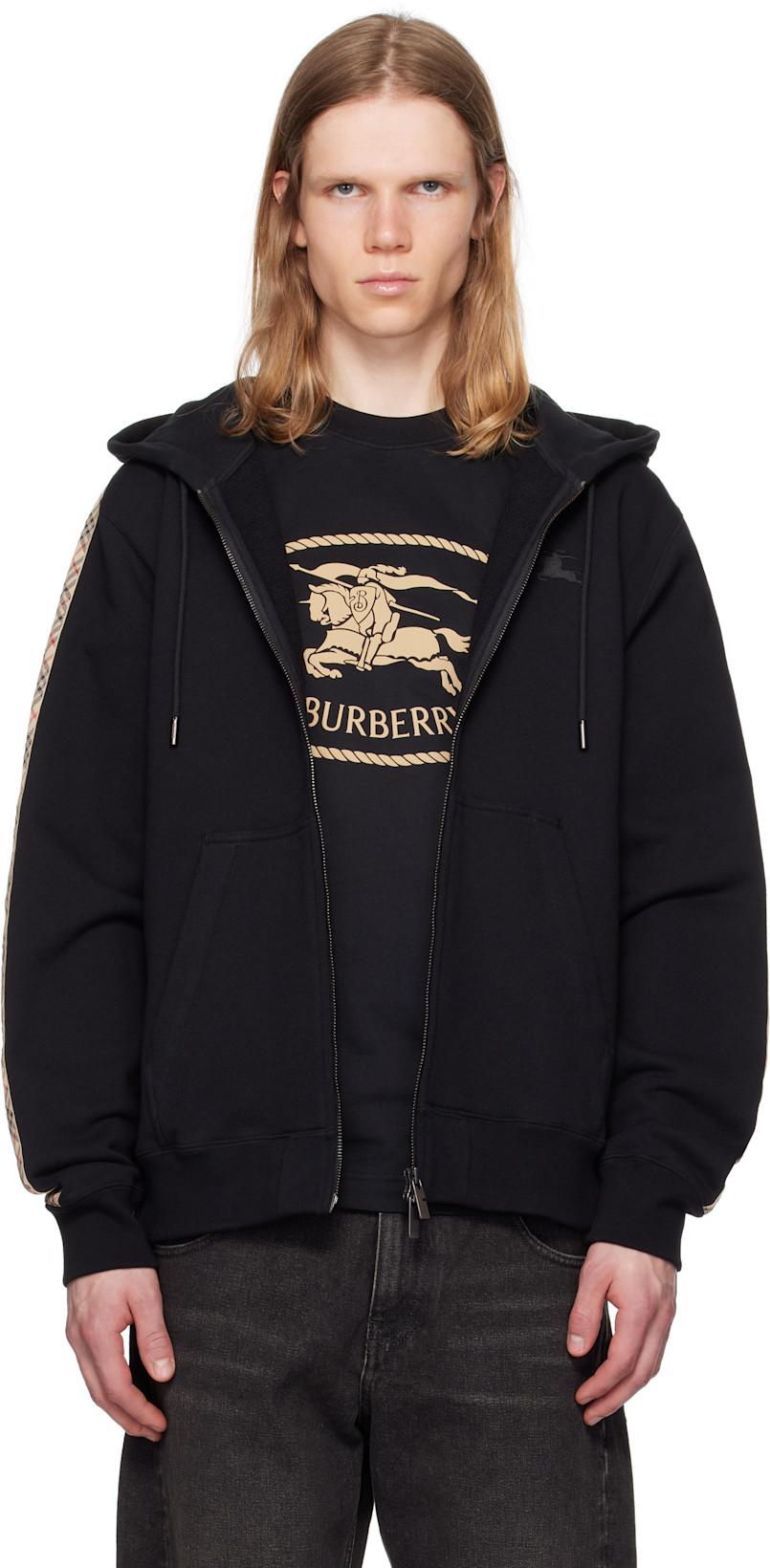 Black Check Trim Cotton Zip Hoodie by BURBERRY