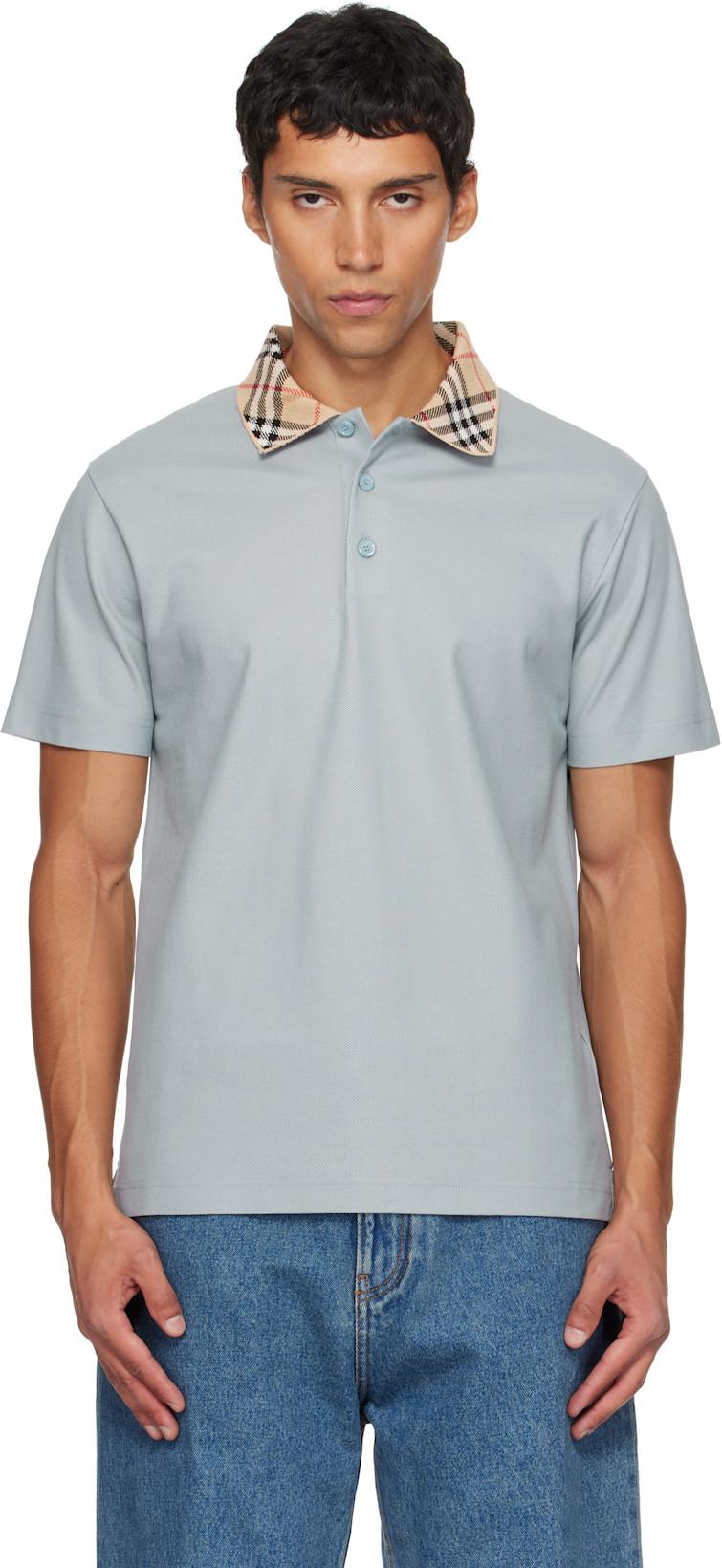 Blue Check Collar Cotton Polo by BURBERRY