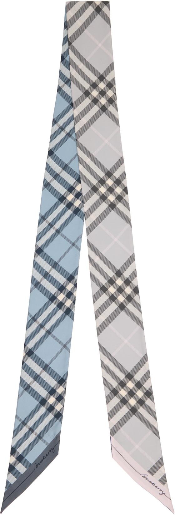 Blue & Gray Skinny Contrast Check Silk Scarf by BURBERRY