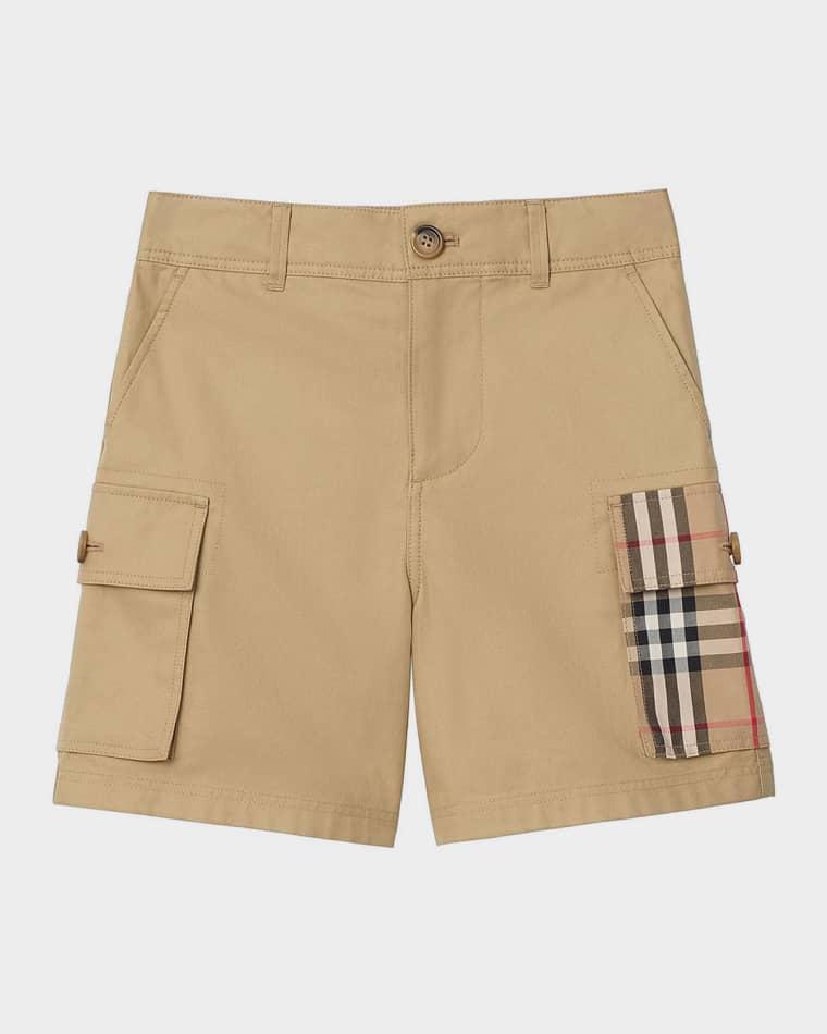 Boy's Check-Trim Cotton Cargo Shorts, Size 3-14 by BURBERRY