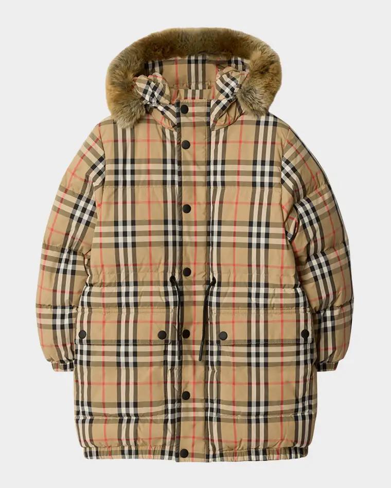 Boy's Faux-Fur Trim Check Nylon Puffer Coat, Size 3-14 by BURBERRY