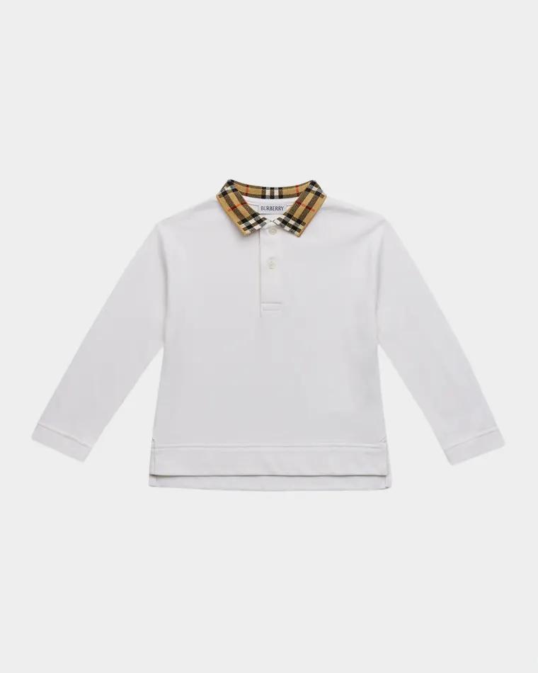 Boy's Johane Check-Collar Long-Sleeve Polo Shirt, Size 6M-2 by BURBERRY