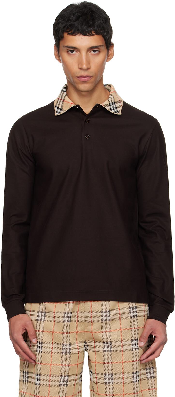 Brown Long Sleeve Check Collar Cotton Polo by BURBERRY