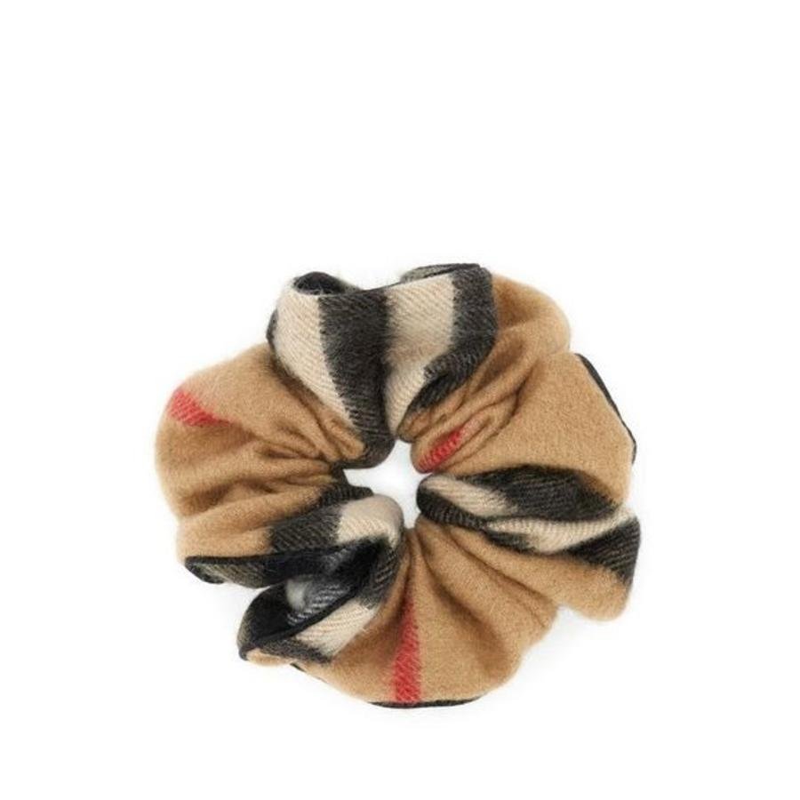 Burberry Camel Embroidered Cashmere Check Scrunchie by BURBERRY