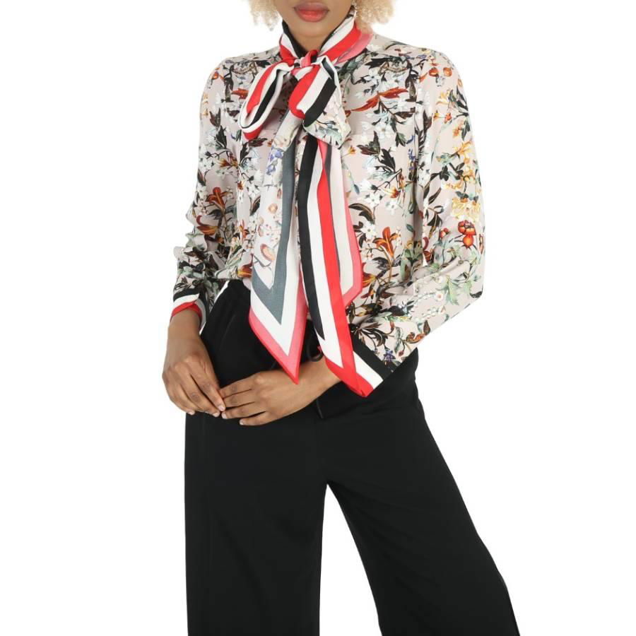 Burberry Ladies Floral Stripe Lisa Tie Neck Blouse by BURBERRY