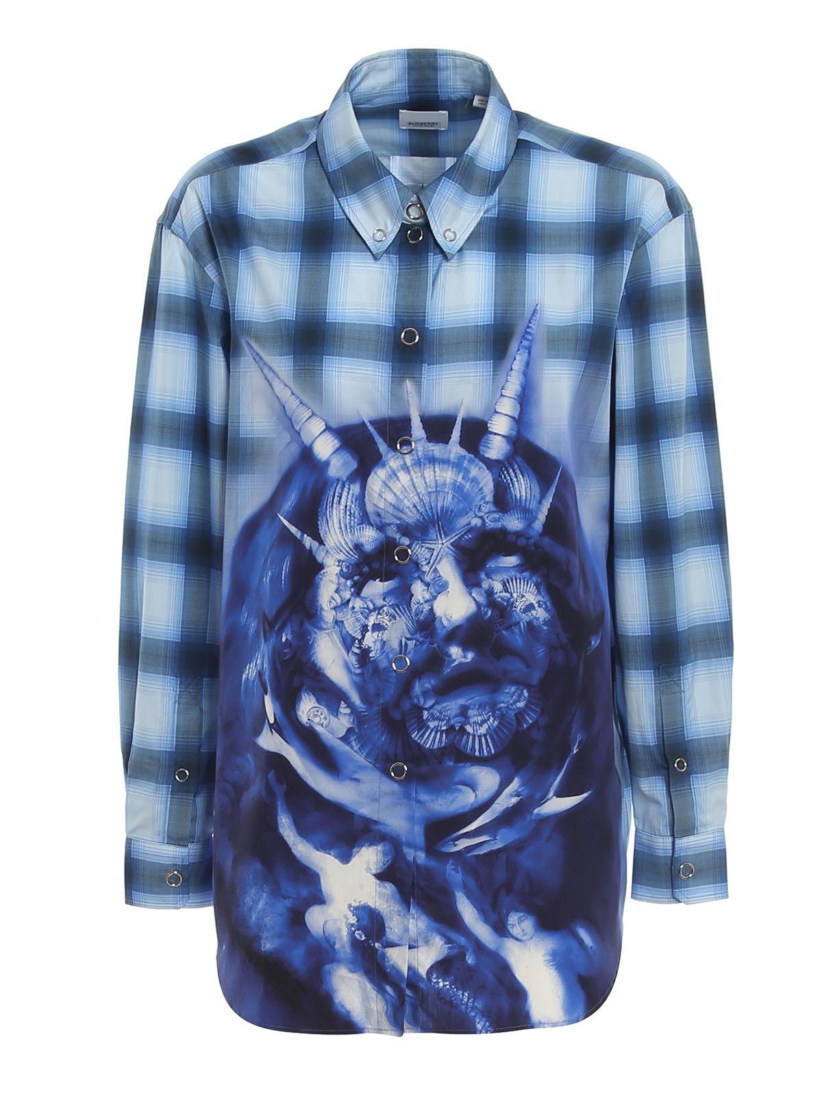 Burberry Ladies Ink Blue Sea Maiden Print Plaid Shirt by BURBERRY