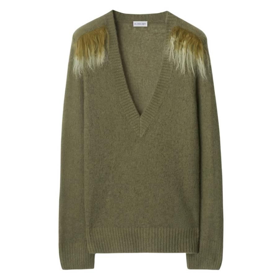 Burberry Wool Blend V-Neck Sweater With Shearling Detail by BURBERRY