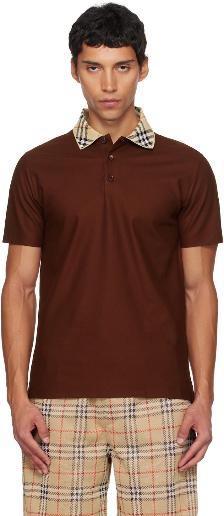 Burgundy Check Collar Cotton Polo by BURBERRY