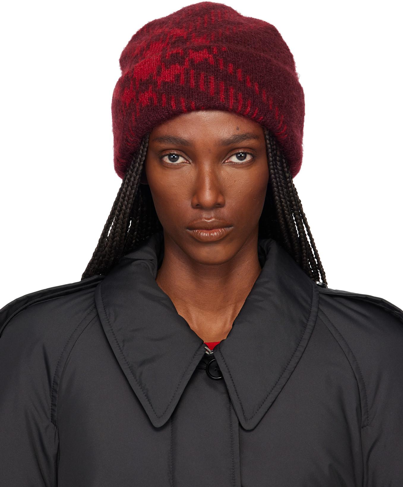 Burgundy Check Mohair Wool-Blend Beanie by BURBERRY