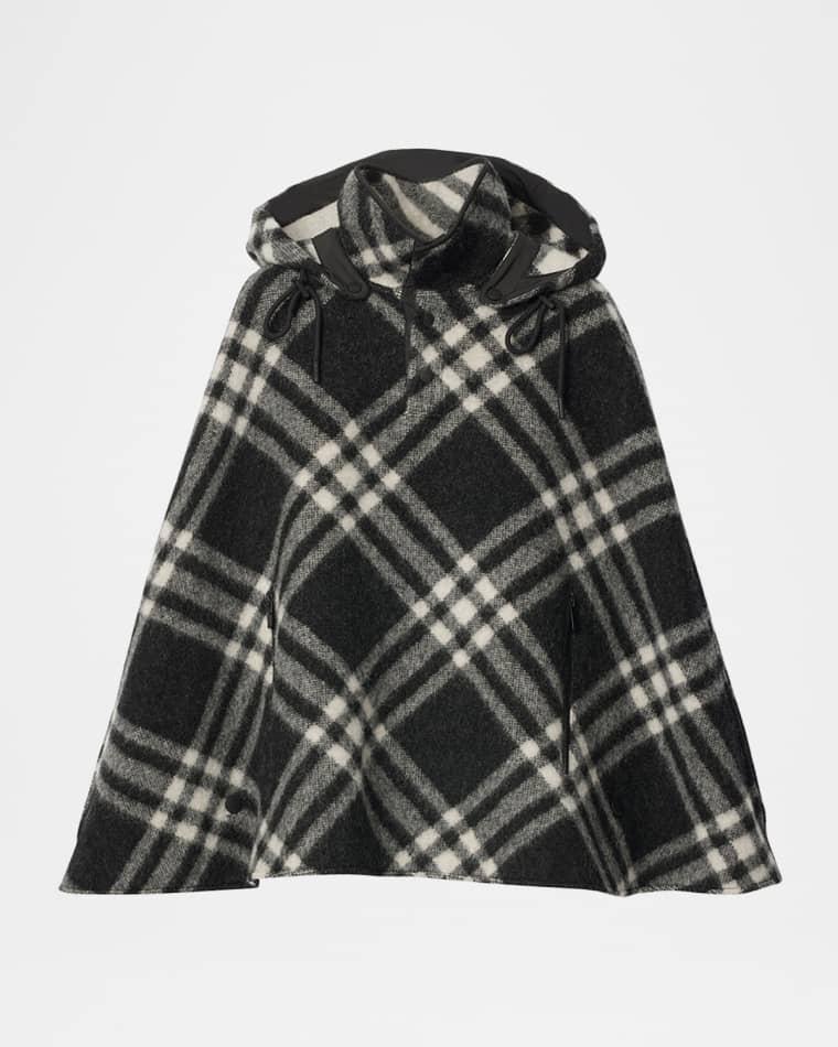Check Wool Cape Poncho with Hood by BURBERRY