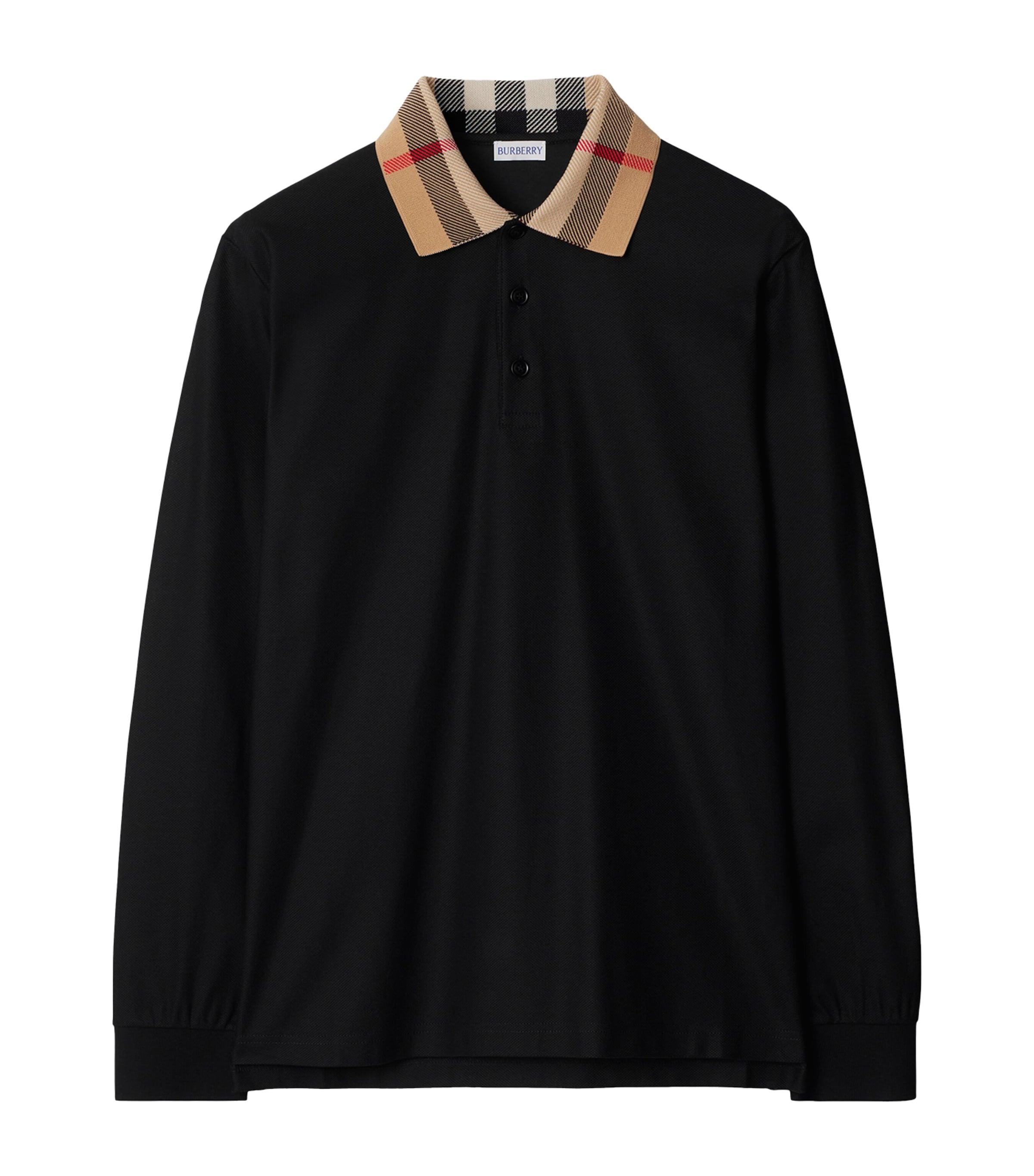 Cotton Check-Collar Long-Sleeve Polo Shirt by BURBERRY