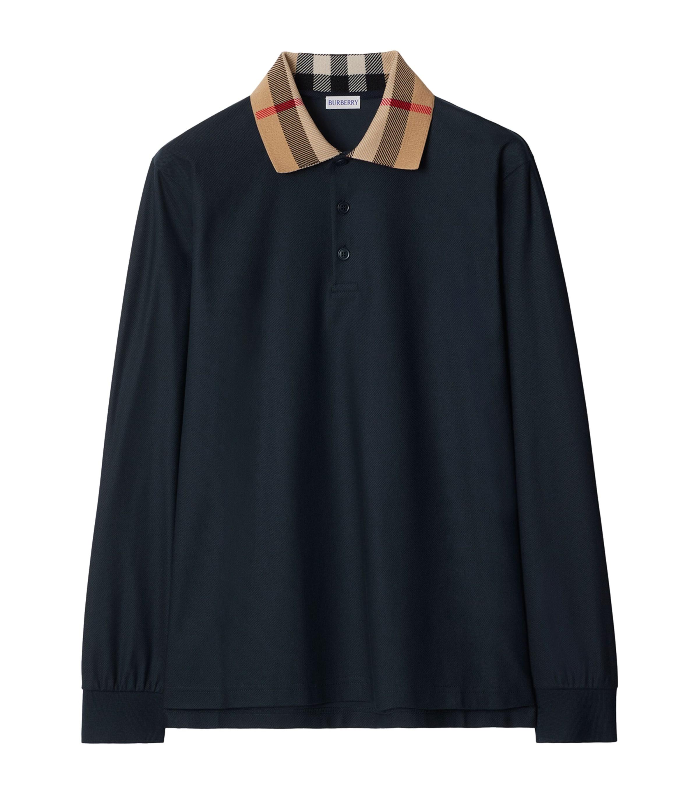 Cotton Check-Collar Long-Sleeve Polo Shirt by BURBERRY