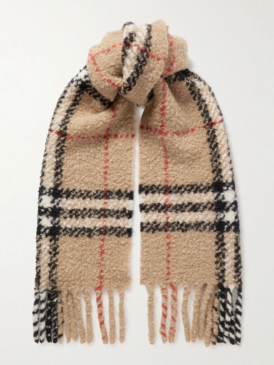 Fringed checked alpaca and wool-blend bouclé scarf by BURBERRY