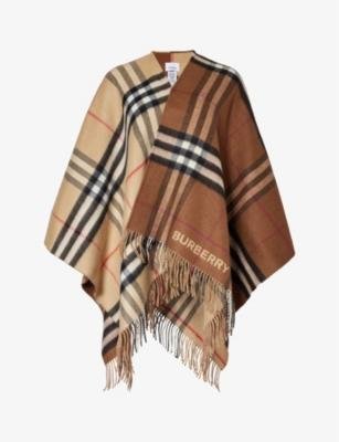 Giant Check fringed-trim cashmere-blend cape by BURBERRY