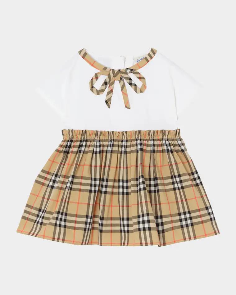 Girl's Check Bow Cotton Dress & Bloomers Set, Size 1M-18M by BURBERRY