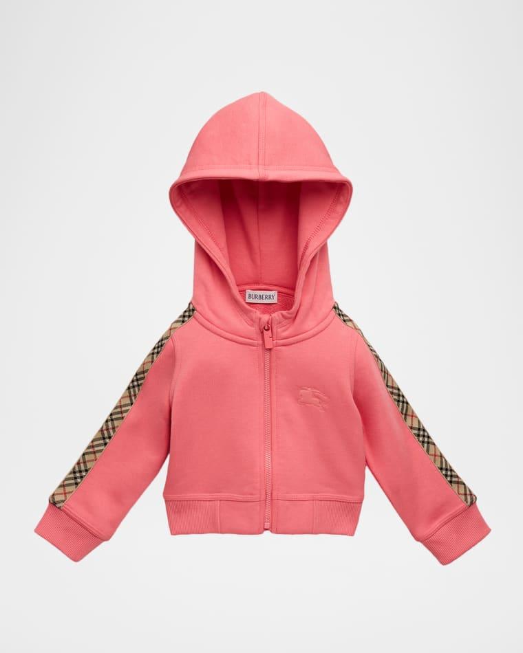Girl's Check-Trim Cotton Zip Hoodie, Size 6M-3 by BURBERRY