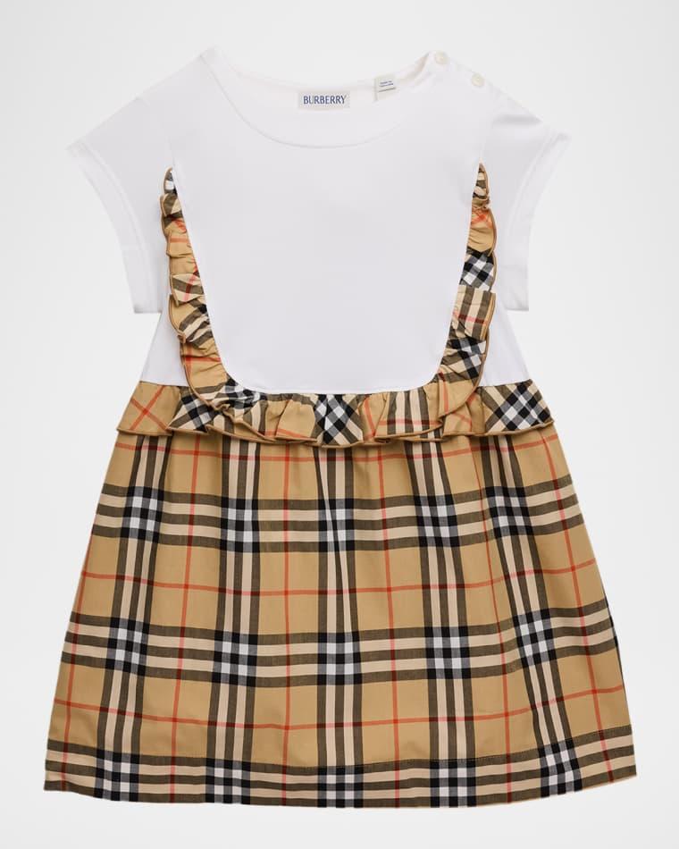 Girl's Check-Trim Stretch Cotton Dress, Size 4-14 by BURBERRY