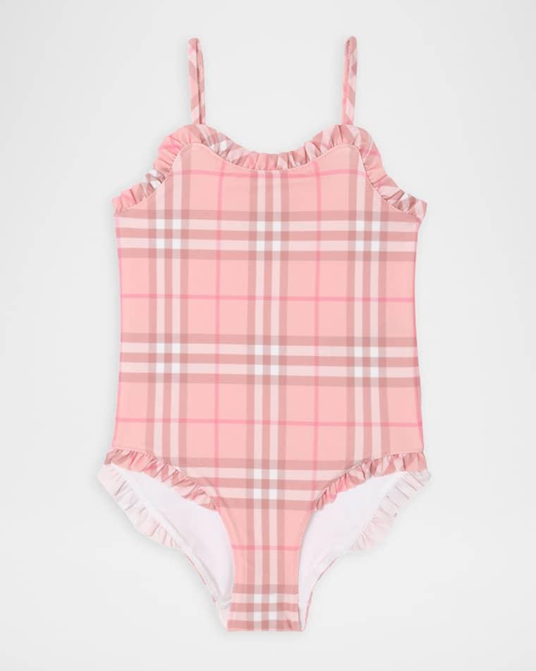Girl's Ruffle-Trim Check One-Piece Swimsuit, Size 3-14 by BURBERRY